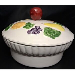 Nasco Made in USA Ceramic Casserole Dish with Lid and Fruit Decoration